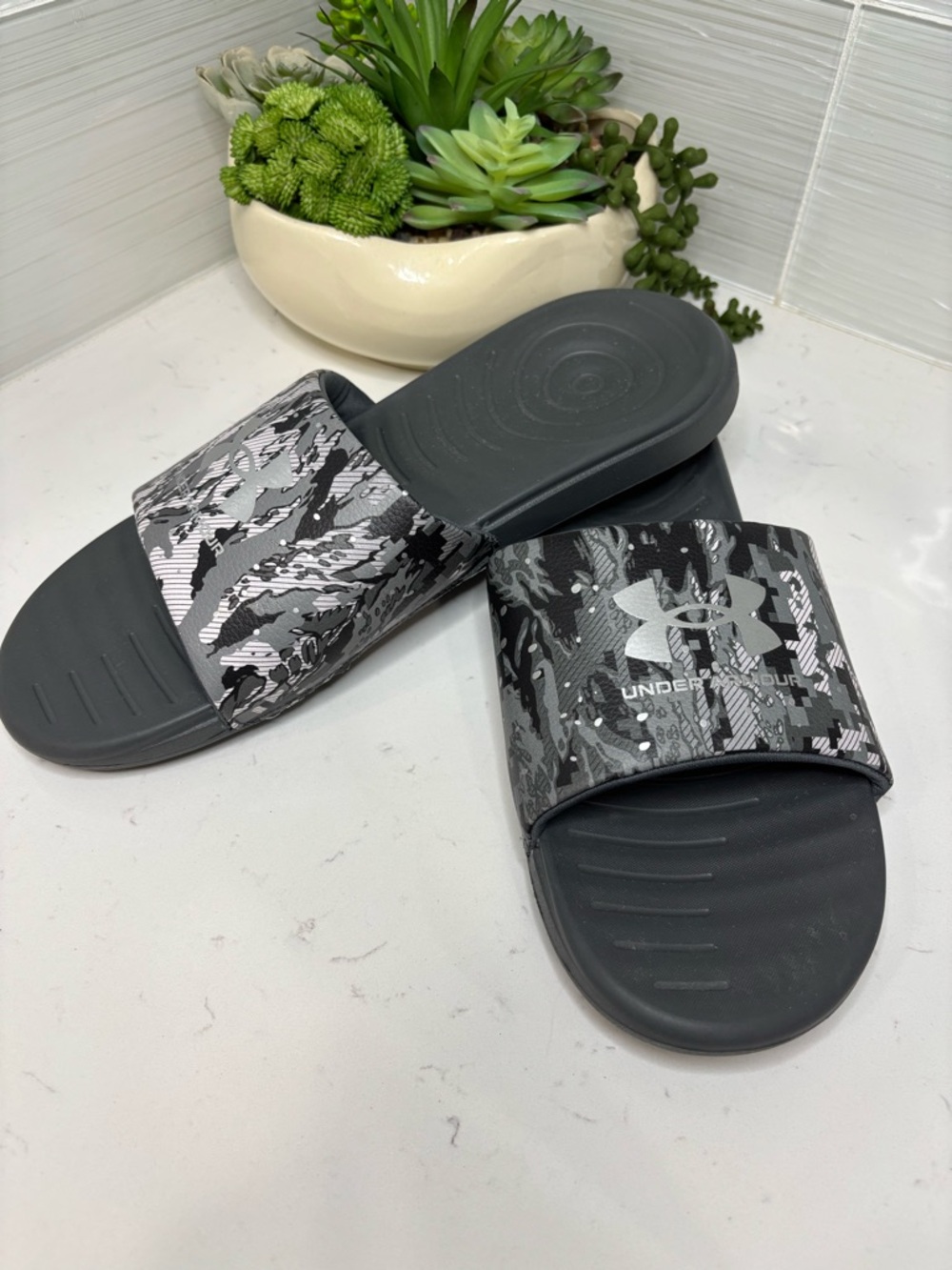 Under Armour Ansa Size 12 Graphic Slides Gray Camo Off Court Slip On Flats Shoes